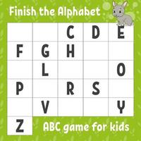 Finish the alphabet. ABC game for kids. Education developing worksheet. Learning game for kids. Color activity page. vector