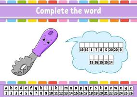 Complete the words. Cipher code. Learning vocabulary and numbers. Education worksheet. Activity page for study English. Isolated vector illustration. Cartoon character.