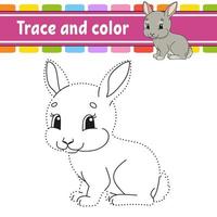 Trace and color. Rabbit bunny animal. Coloring page for kids. Handwriting practice. Education developing worksheet. Activity page. Game for toddlers. Isolated vector illustration. Cartoon style.