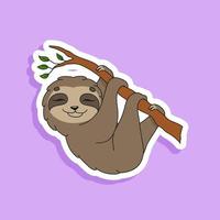 Satisfied sloth. Bright color sticker of a cute cartoon character. Flat vector illustration isolated on color background. Design element.