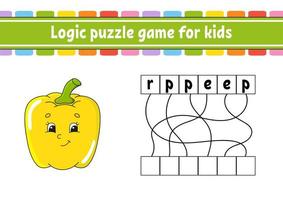 Logic puzzle game. Learning words for kids. Vegetable pepper. Find the hidden name. Worksheet, Activity page. English game. Isolated vector illustration. Cartoon character.