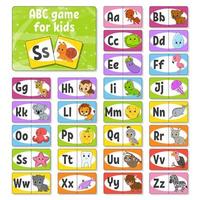 Set ABC flash cards. Alphabet for kids. Learning letters. Education developing worksheet. Activity page for study English. Color game for children. Funny character. Vector illustration. Cartoon style.