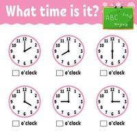 Learning time on the clock. Educational activity worksheet for kids and toddlers. Game for children. Simple flat isolated color vector illustration in cute cartoon style.