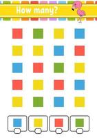 Counting game for children. Happy characters. Learning mathematics. How many object in the picture. Education worksheet. With space for answers. Isolated vector illustration in cute cartoon style.
