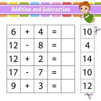 Addition and subtraction. Task for kids. Cut and paste. Education developing worksheet. Activity page. Game for children. Funny character. Isolated vector illustration. Cartoon style.