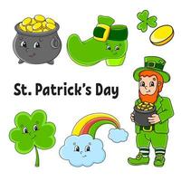 juego de pegatinas de colores para niños. duende con una olla de oro, bota, moneda de oro, trébol, arco iris mágico. S t. día de San Patricio. Personajes de caricatura. trazo negro. ilustración vectorial aislada. vector