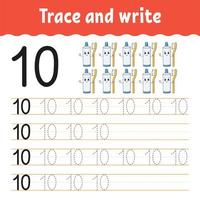 Trace and write. Number 10. Handwriting practice. Learning numbers for kids. Activity worksheet. Cartoon character. vector