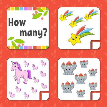 Counting game for children. Happy characters. Learning mathematics. How many object in the picture. Education worksheet. With space for answers. Isolated vector illustration in cute cartoon style.