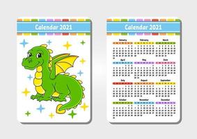 calendario para 2021 con un lindo personaje. dragón de cuento de hadas. tamano de bolsillo. diseño divertido y brillante. Ilustración de vector aislado de color. estilo de dibujos animados.