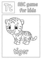 la letra t es para tigre. juego de abc para niños. Página para colorear del alfabeto. personaje animado. palabra y letra. ilustración vectorial. vector