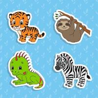 Set of bright color stickers. Brown sloth. Green iguana. Orange tiger. Happy zebra. Cute cartoon characters. Vector illustration isolated on color background. Wild animals.