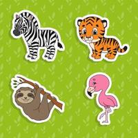 Set of bright color stickers. Brown sloth. Orange tiger. Happy zebra. Pink flamingo. Cute cartoon characters. Vector illustration isolated on color background. Wild animals.