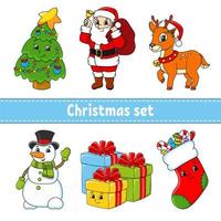 Set of cartoon characters. Christmas tree, santa claus, deer, snowman, gift boxes, sock with sweets. Happy New Year and Merry Christmas. Hand drawn. Color vector isolated illustration.