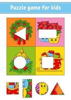 juego de rompecabezas para niños. cortar y pegar. tema de navidad. práctica de corte. formas de aprendizaje. hoja de trabajo de educación. círculo, cuadrado, rectángulo, triángulo. página de actividad. personaje animado. vector