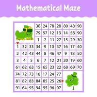 Mathematical square maze. Game for kids. Number labyrinth. Education worksheet. Activity page. Puzzle for children. Cartoon characters. Color vector illustration. St. Patrick's day.