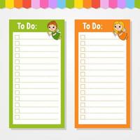 To do list for kids. Empty template. The rectangular shape. Isolated color vector illustration. Funny character. Cartoon style. For the diary, notebook, bookmark.