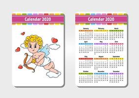 Calendar for 2020 with a cute character. Pocket size. Fun and bright design. Isolated vector illustration. Cartoon style.