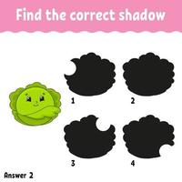 Find the correct shadow cabbage. Education developing worksheet. Matching game for kids. Activity page. Puzzle for children. Cartoon character. Isolated vector illustration.