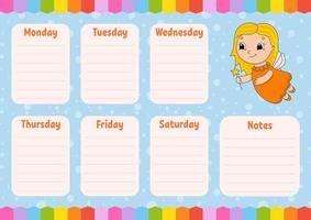 Tooth Fairy. School schedule. Timetable for schoolboys. Empty template. Weekly planer with notes. Isolated color vector illustration. Cartoon character.