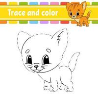 Trace and color. Cat animal. Coloring page for kids. Handwriting practice. Education developing worksheet. Activity page. Game for toddlers. Isolated vector illustration. Cartoon style.