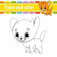 Trace and color. Cat animal. Coloring page for kids. Handwriting practice. Education developing worksheet. Activity page. Game for toddlers. Isolated vector illustration. Cartoon style.