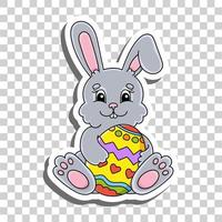 Cute cartoon character. Sticker with contour. Easter rabbit. Colorful vector illustration. Isolated on transparent background. Design element