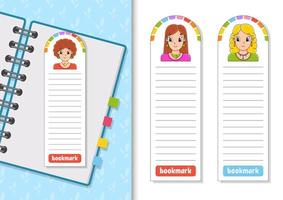 Set of paper bookmarks for books with cute cartoon characters. For kids. Beautiful cute fashionable girls with jewelry. Color vector illustration.