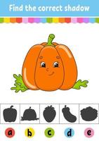 Find the correct shadow. Vegetable pumpkin. Education developing worksheet. Activity page. Color game for children. Isolated vector illustration. Cartoon character.