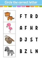 Circle the correct letter. Zebra, flamingo, tiger, sloth. Education developing worksheet. Learning game for kids. Color activity page. Cartoon character. vector