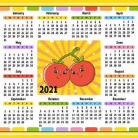 Calendar for 2021 with a cute character. Fun and bright design. Isolated color vector illustration. Cartoon style.