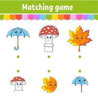 Matching game for kids. Education developing worksheet. Draw a line. Activity page. Cartoon character. Autumn theme. vector