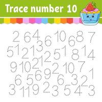 Trace number . Handwriting practice. Learning numbers for kids. Education developing worksheet. Activity page. Game for toddlers and preschoolers. Isolated vector illustration in cute cartoon style.