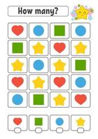 Counting game for children. Happy characters. Learning mathematics. How many object in the picture. Education worksheet. With space for answers. Isolated vector illustration in cute cartoon style.