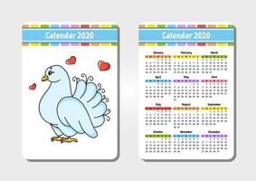 Calendar for 2020 with a cute character. Pocket size. Fun and bright design. Isolated vector illustration. Cartoon style.