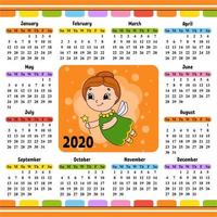 Elderly tooth fairy in a dress with wings and a magic wand. Calendar for 2020 with a cute character. Fun and bright design. Isolated color vector illustration. Cartoon style.