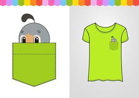 lindo personaje en el bolsillo de la camisa. codorniz pájaro. ilustración vectorial colorida. estilo de dibujos animados. aislado sobre fondo blanco. elemento de diseño. vector