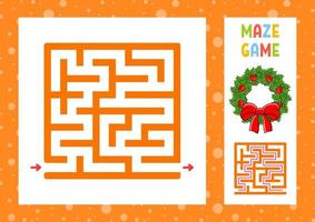 Square maze. Game for kids. Puzzle for children. Christmas theme. Happy character. Labyrinth conundrum. Color vector illustration. Find the right path. With answer. Isolated vector illustration.