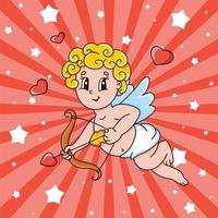 A cupid with wings flies and holds a bow and arrow. Cute cartoon character. Valentine's Day. Colorful vector illustration. Isolated on color background. Template for your design.