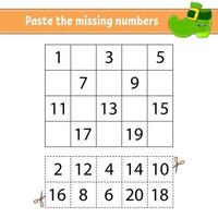 Paste the missing numbers 1-20. Game for children. Handwriting practice. Learning numbers for kids. Education developing worksheet. Activity page. Isolated vector illustration in cute cartoon style.