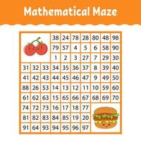 Mathematical square maze. Game for kids. Number labyrinth. Education worksheet. Activity page. Puzzle for children. Cartoon characters. Color vector illustration.