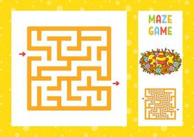 Square maze. Game for kids. Puzzle for children. Happy character. Labyrinth conundrum. Color vector illustration. Find the right path. With answer. Isolated vector illustration. Cartoon style.