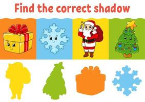 Find the correct shadow. Education worksheet. Matching game for kids. Color activity page. Puzzle for children. Cartoon character. Isolated vector illustration.