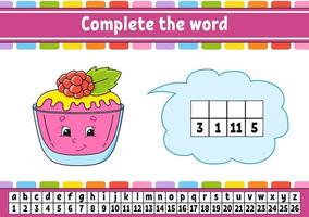 Complete the words. Cipher code. Learning vocabulary and numbers. Education worksheet. Activity page for study English. Isolated vector illustration. Cartoon character.