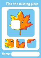 Find the missing piece. Education developing worksheet for kids. Puzzle game. Activity page. Cartoon character. Autumn theme. vector