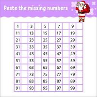 Paste the missing numbers. Handwriting practice. Learning numbers for kids. Education developing worksheet. Activity page. Game for children. Isolated vector illustration in cute cartoon style.