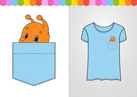 lindo personaje en el bolsillo de la camisa. molusco caracol. ilustración vectorial colorida. estilo de dibujos animados. aislado sobre fondo blanco. elemento de diseño. vector