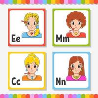 English alphabet. Letter E, M, C, N. ABC square flash cards. Cartoon character isolated on white background. For kids education. Developing worksheet. Learning letters. Color vector illustration.