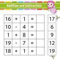 Addition and subtraction. Task for kids. Cut and paste. Education developing worksheet. Activity page. Game for children. Funny character. Isolated vector illustration. Cartoon style.