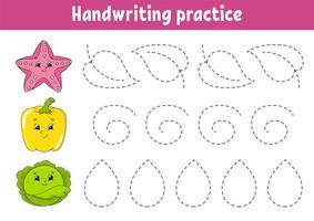 Handwriting pactice. Education developing worksheet. Activity page. Fruits and vegetables. Color game for children. Isolated vector illustration. Cartoon character.