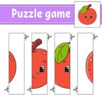 Puzzle game for kids. Fruit apple. Cutting practice. Education developing worksheet. Activity page.Cartoon character. vector